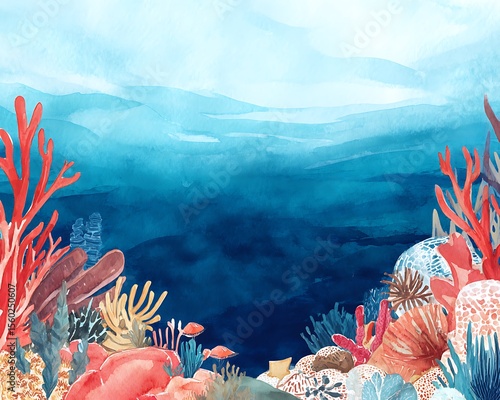 Fototapeta Naklejka Na Ścianę i Meble -  Underwater coral reef scene, watercolor