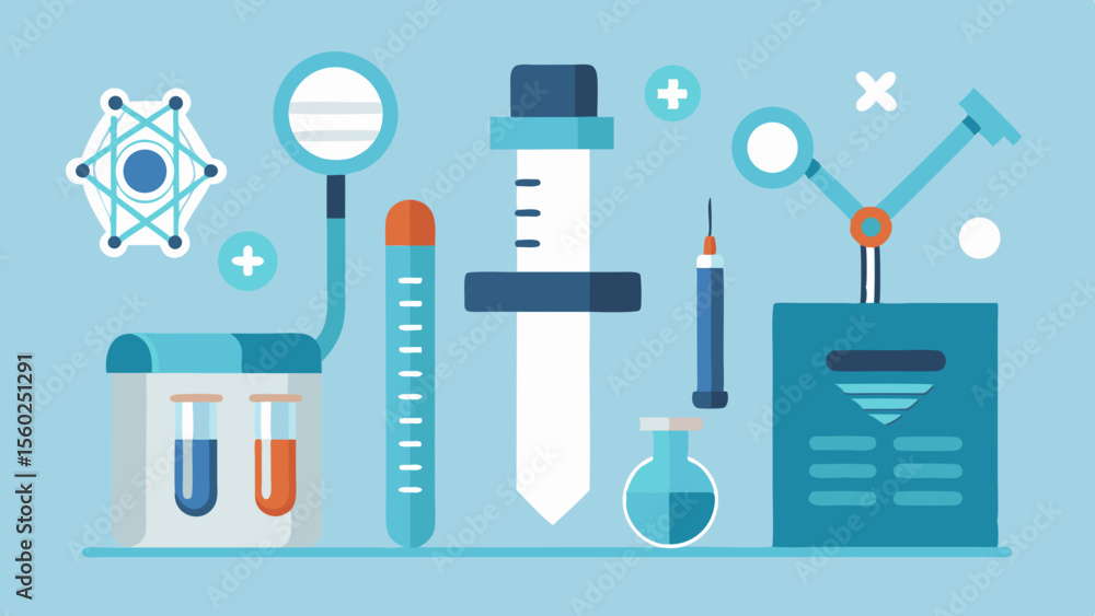 Flat illustration of lab equipment and scientific tools including dropper, test tubes, and microscope Flat illustration of lab equipment and scientific tools including dropper, test tubes, and microscope