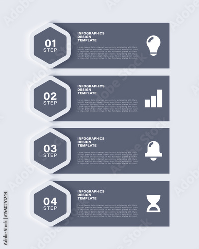 Neumorphism modern infographic design with 4 steps. Vertical infographic layout