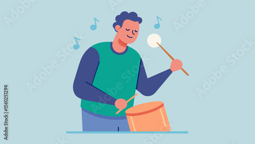 A man with Parkinsons disease using music therapy playing a drum to improve his handeye coordination and motor skills.. Vector illustration