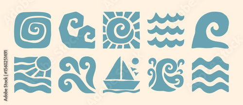 Boho Sea Waves Icons in Naive Art Style. Vector Abstract Square Tropical Illustrations in Freehand for Logo, Patterns, T-Shirt Print, Stickers, Social Media Post and Stories