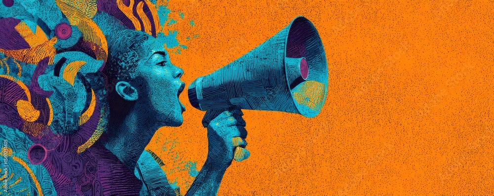 custom made wallpaper toronto digitalVibrant expression of individuality through dynamic colors and bold imagery featuring a woman using a megaphone to communicate her powerful message in an artistic style