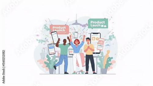 Wallpaper Mural Animated Team Celebrates Product Launch Success with Confetti and Smartphones Torontodigital.ca