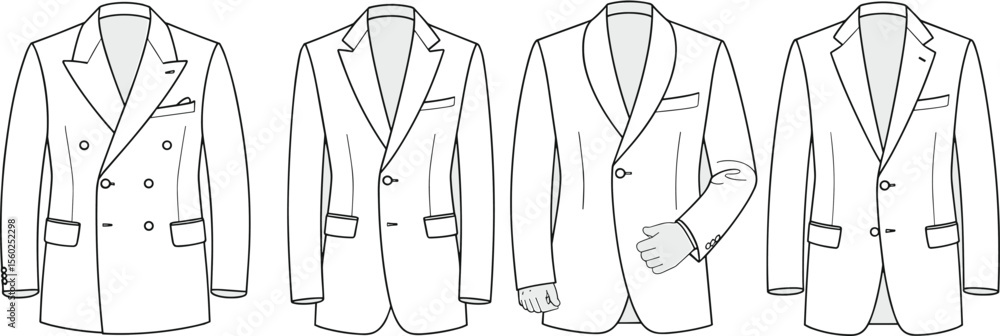 Men’s blazer jacket top view CAD flat sketch vector fashion technical drawing template for apparel design and stock illustration Men’s blazer jacket top view CAD flat sketch vector fashion technical drawing template for apparel design and stock illustration