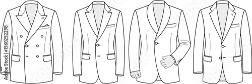 Men’s blazer jacket top view CAD flat sketch vector fashion technical drawing template for apparel design and stock illustration