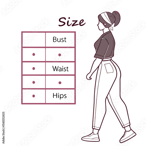 Illustration showing a size chart with bust waist and hips measurements next to a woman in casual clothes
