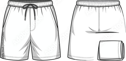 Men’s drawstring shorts top view fashion CAD vector flat sketch template technical drawing apparel design illustration stock download