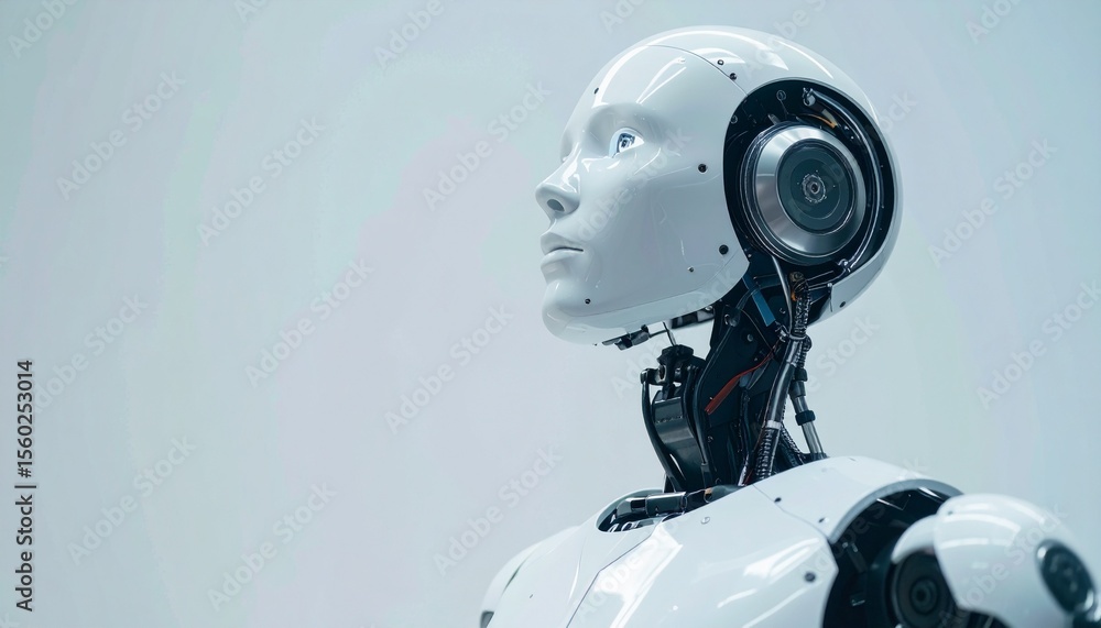 Naklejka premium A close-up of a futuristic robot's head with a focus on the eyes and sleek design. The robot embodies technology and innovation