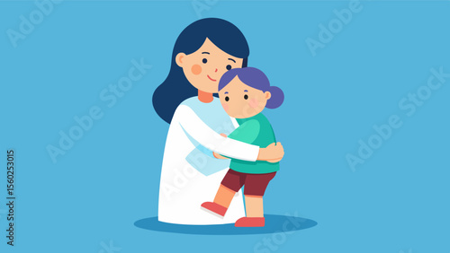 A therapy doll wearing a miniature version of a loved ones favorite outfit being hugged tightly by a patient with depression providing a sense of connection and comfort.. Vector illustration