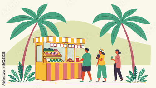 Vector illustration of people shopping at a beachside food cart isolated on Transparent Background