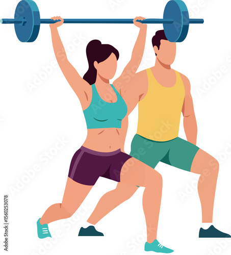 Man and woman weightlifting with barbell in fitness training for strength and health improvement