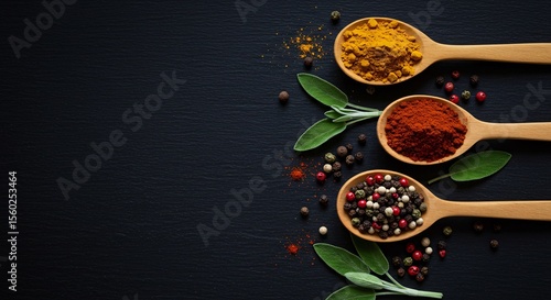 Fototapeta Naklejka Na Ścianę i Meble -  Wooden spoons filled with colorful spices and fresh sage leaves on dark slate