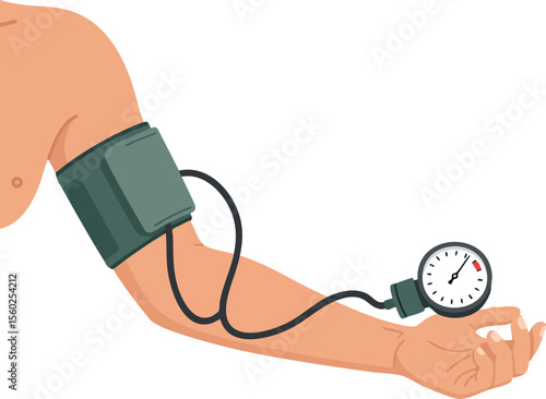 Blood pressure measurement on arm using sphygmomanometer cuff and gauge vector illustration medical health monitoring