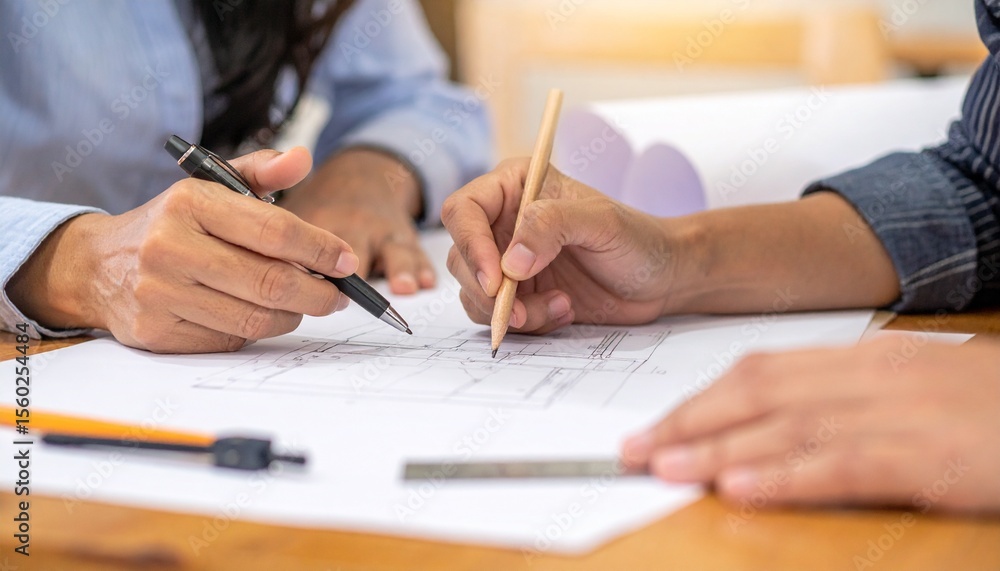Architects at work, collaborating on a building plan with pencils and blueprints Architects at work, collaborating on a building plan with pencils and blueprints