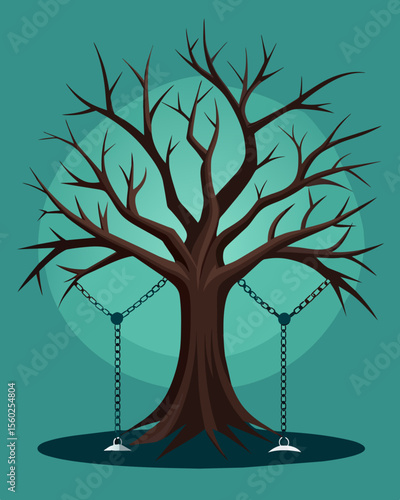 A barren tree with chains hanging from its branches representing the suppression and lack of growth that mental chains can bring.. Vector illustration