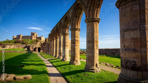 Ancient stone abbey ruins featuring rows of columns and a fortress on a grassy hill, under a clear blue sky.