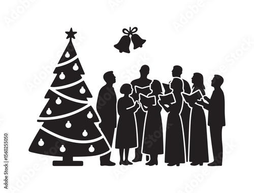 Christmas Choir Silhouette with Tree and Bells – Minimal Vector Art

