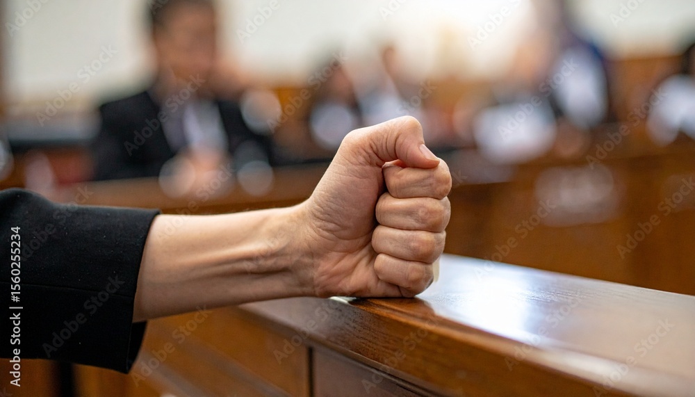 A person's fist resting on a wooden surface, likely in a courtroom. It is a powerful image conveying seriousness and focus A person's fist resting on a wooden surface, likely in a courtroom. It is a powerful image conveying seriousness and focus