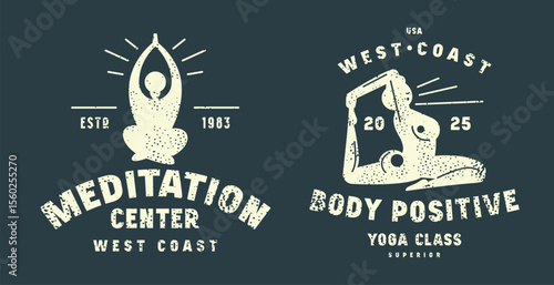 Body positive meditation class emblem. Graphic design with typographic and silhouettes of girl in asana. Blue print with rough texture on white background