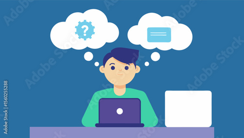 A person looking up resources on a computer with a thought bubble above their head filled with questions about dementia representing the valuable information and guidance that can. Vector illustration