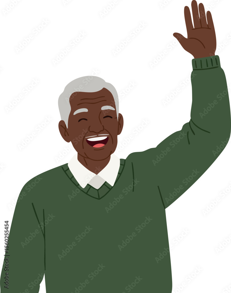 Naklejka premium Elderly man waving hand happily smiling wearing green sweater vector illustration