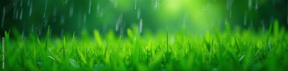 Deep green grass, intense rainfall; soft focus background , drops, bokeh, storm Deep green grass, intense rainfall; soft focus background , drops, bokeh, storm
