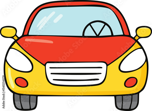 A cheerful cartoon illustration of a red and yellow car, viewed from the front.