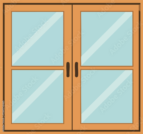 Wooden double window with transparent glass panes and brown handles simple design vector illustration