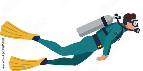 Scuba diver in wetsuit with yellow fins and oxygen tank underwater exploration vector illustration