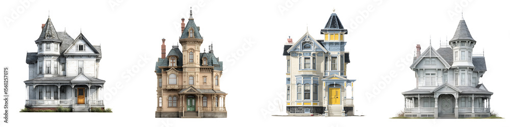 Fototapeta premium Collection of Victorian Era Style Houses on a White Background