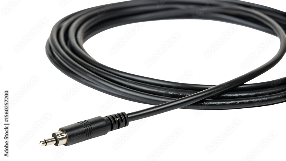 A coiled black cable with a visible connector is isolated on transparent background A coiled black cable with a visible connector is isolated on transparent background