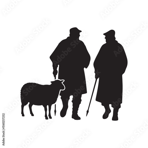 Shepherds with Sheep Silhouette – Minimal Black and White Vector Illustration