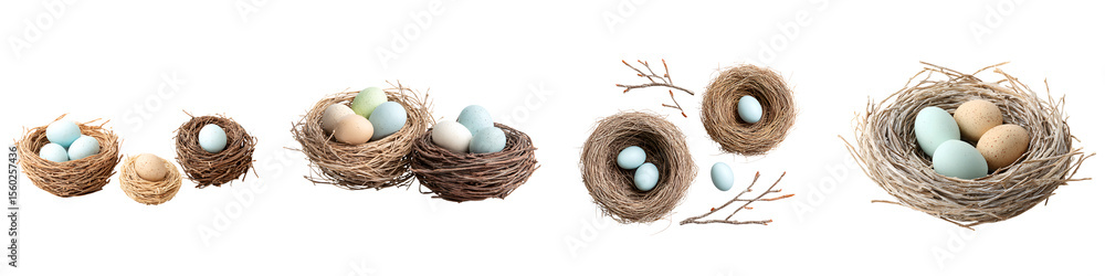 Charming Easter Nests: Collection of Bird Nests with Colorful Eggs on White Charming Easter Nests: Collection of Bird Nests with Colorful Eggs on White