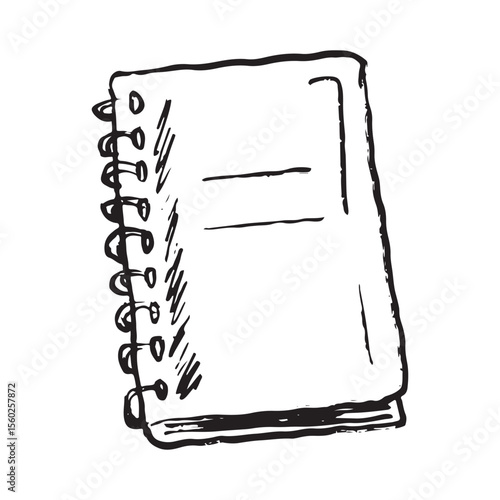 School spiral notebook in black brush stroke texture isolated on white. Hand drawn vector sketch illustration in vintage charcoal ink. Back to school, personal diary, writing book, study process