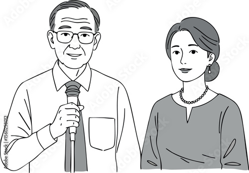 Elderly man and middle aged woman speaking microphone communication vector illustration