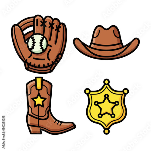 Vector SVG Illustration of Baseball Glove Cowboy Hat Boot and Sheriff Star in Cartoon Flat Style with Brown and Yellow Tones