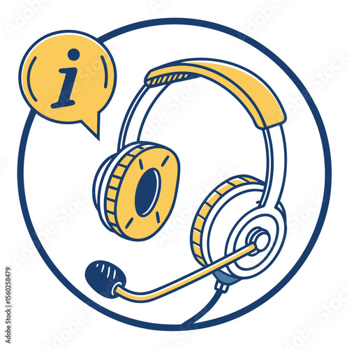 Illustration of a headset with microphone inside a circle and an information icon next to it shown clearly