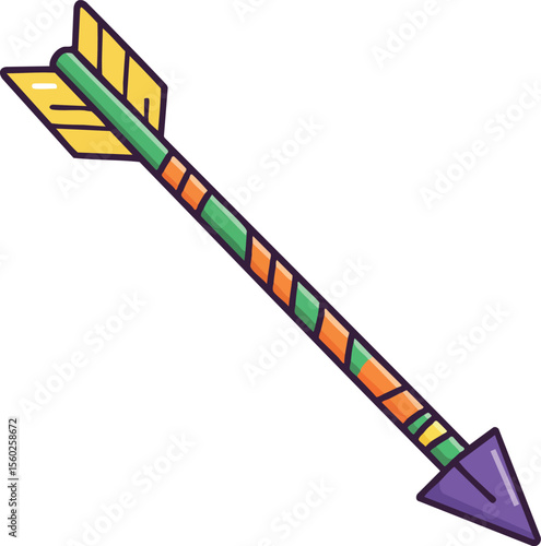 Arrow with green and orange striped shaft and purple tip cartoon style vector illustration