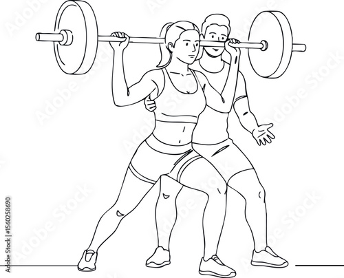 Woman strength training with barbell and personal trainer coaching in gym vector line art illustration