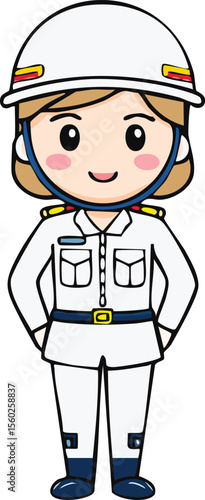 A cartoon illustration of a female worker in a white uniform and helmet, standing.