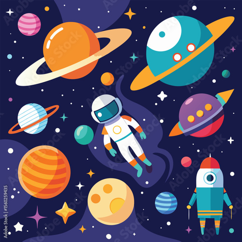 Outer space exploration ? astronauts, planets, spaceship, stars..eps