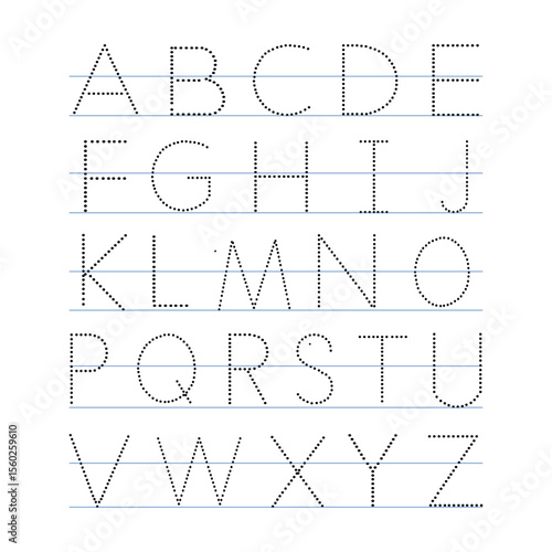 Worksheet for drawing uppercase letters of the alphabet - letters with a dotted dot. vector illustration