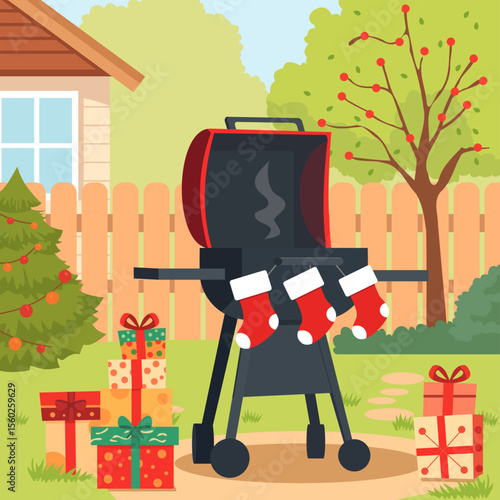 A barbecue grill with stockings in a backyard at home for a Christmas in July celebration during a summer vacation. A fun and festive bbq or holiday cookout on the lawn during a hot day in a garden