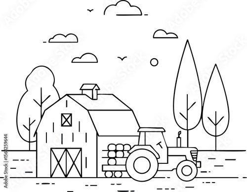 Farm barn and tractor with trees and clouds simple black line vector illustration for rural landscape design