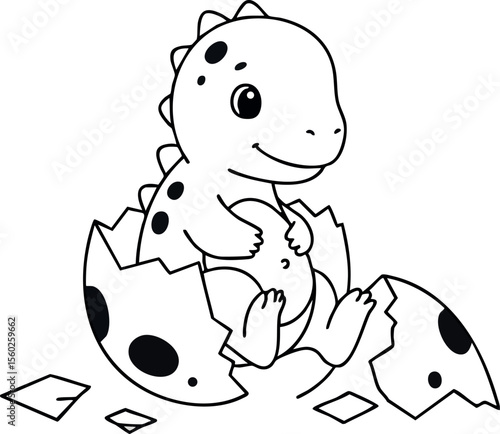 Baby dinosaur hatching from spotted egg cute prehistoric reptile vector drawing for kids coloring book or educational design