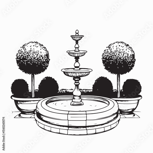 Elegant Garden Landscape with Fountain and Beautiful Tree Decorations Vector Illustration