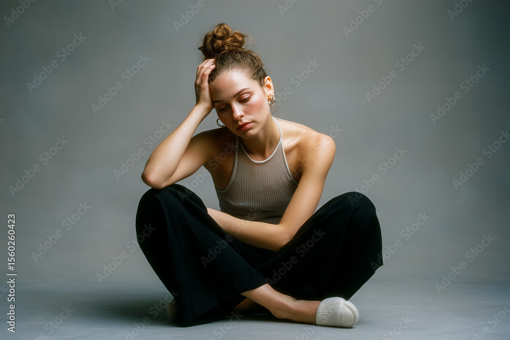 Fototapeta premium A woman is sitting on the floor with her head in her hands