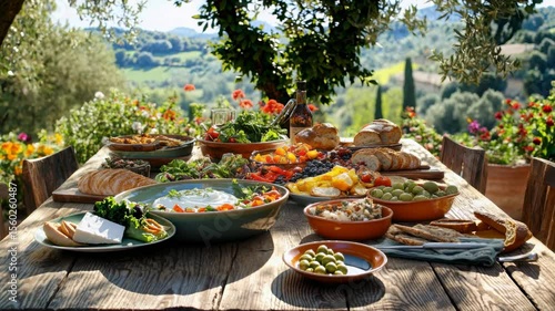 Mediterranean feast dinner table setting featuring variety of fresh salads, fruits, and breads displayed elegantly on a rustic table in a vibrant garden, surrounded by beautiful flowers and greenery