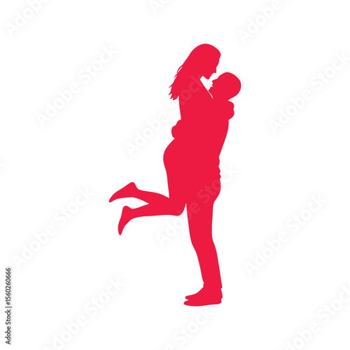 Romantic Couple Silhouette Man Lifting Woman in a Loving Embrace Red Vector Graphic