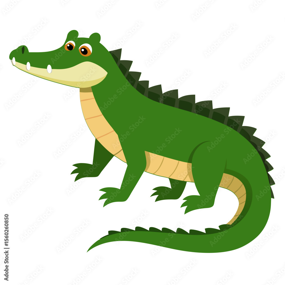 Fototapeta premium Cute cartoon crocodile. Reptile green alligator . Suitable for educational poster, logo, children's books and encyclopedias. Isolated vector illustration on white background. Side view
